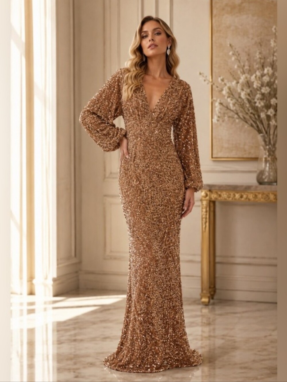 Mac Duggal Mac Duggal 10791 BronzeSequin Puff Sleeve V-NeckFormal Gown Size 22